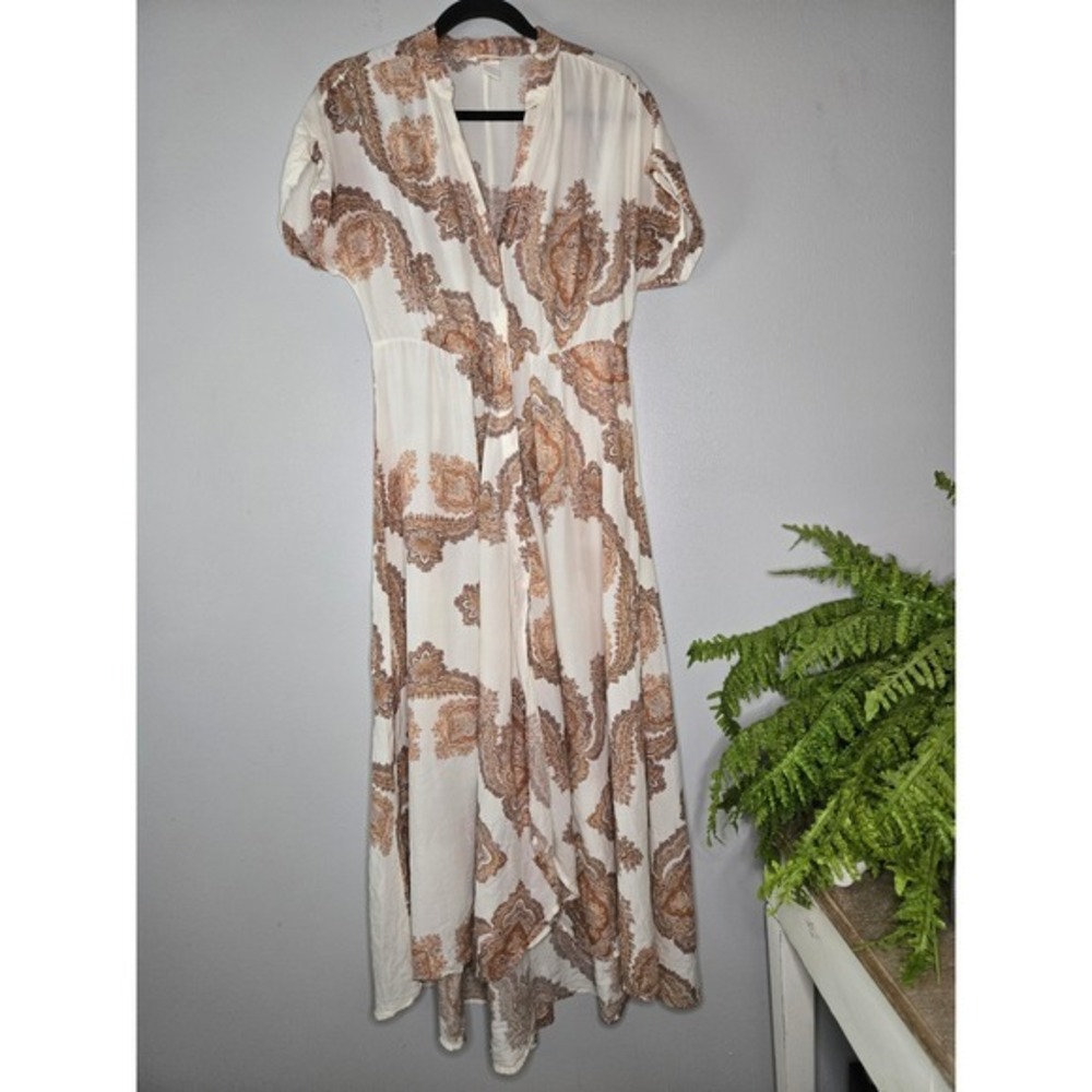 H&M Paisley Wrap Midi Dress Cream Brown Boho Cottagecore Size 2 - Picture 2 of 9